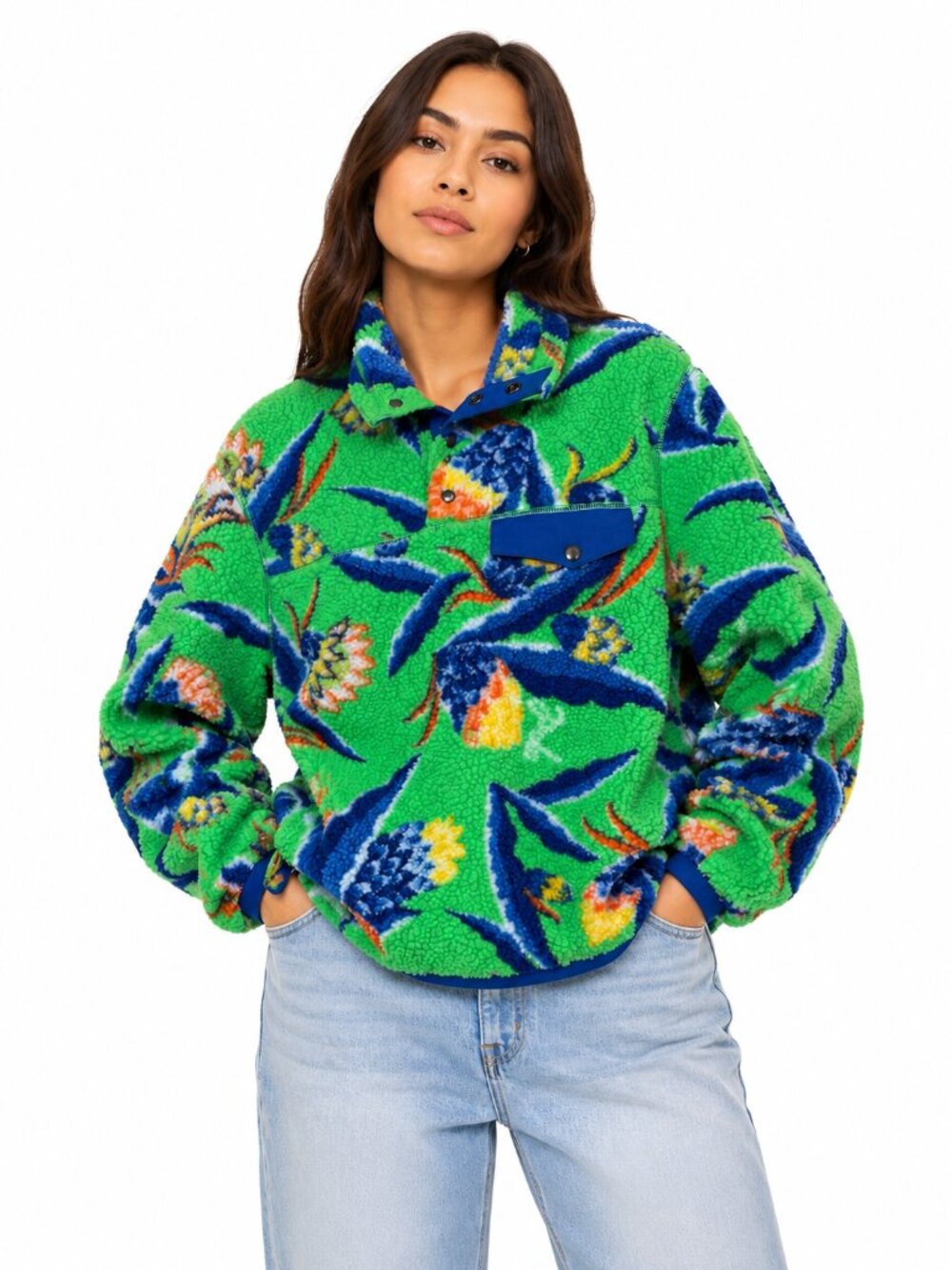 Polo Ralph Lauren Fleece Pullover Jacket Womens Sz XXS Oversized Green Floral